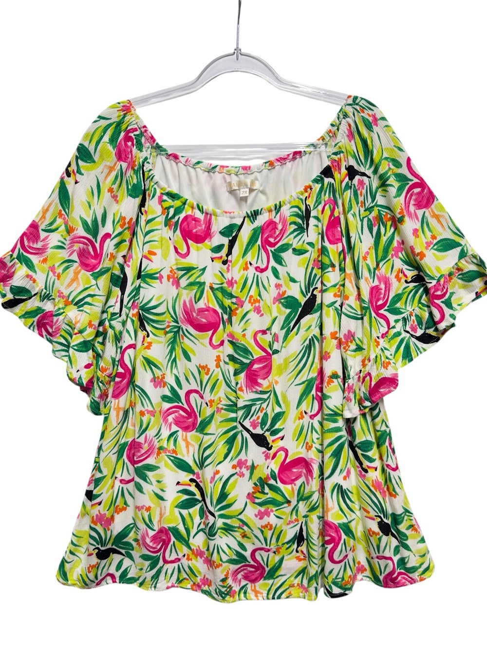 Pure Rayon Flamingo Gauze Crinkle Knit Floral Flamingo Peasant Babydoll Blouse